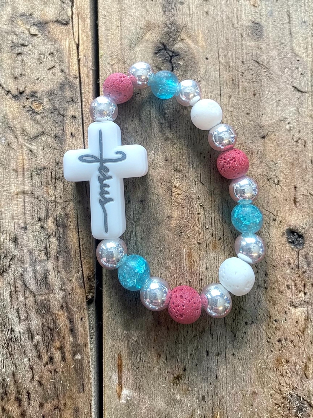 Styleandstone White Cross Red White Blue Lava Rock Bracelet